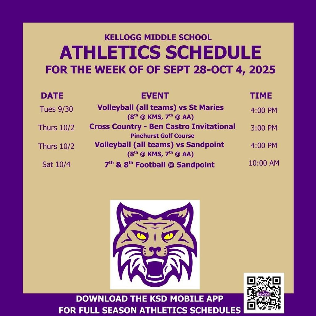 KMS  has home volleyball games on Wednesday and Thursday.  Cross Country hosts the annual Ben Castro meet on Thursday, and Football travels to Sandpoint for a Saturday morning tilt with the Bulldogs 7th grade team. GO WILDCATS!!