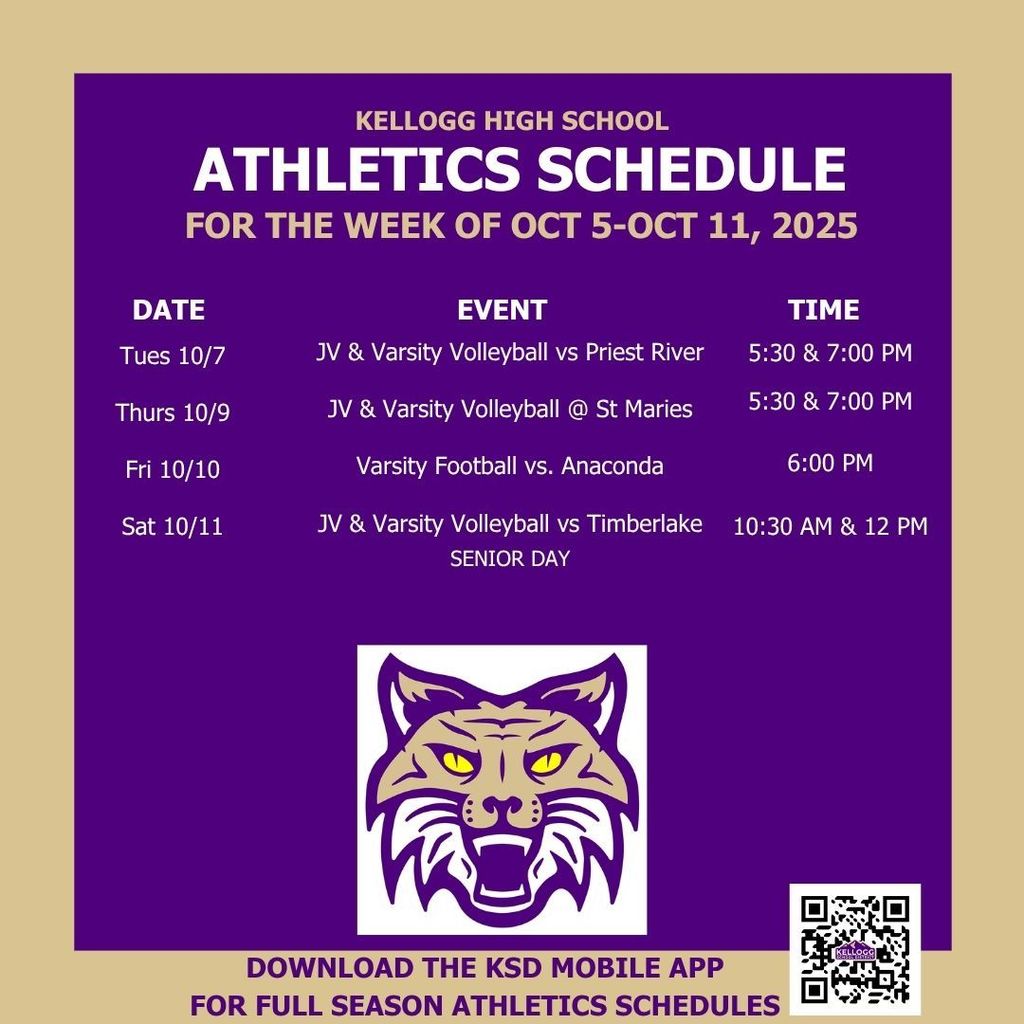 Big games coming our way at KHS. Volleyball hosts Priest River, get a win and clinch home court for Districts, travel to St. Maries and then take on Timberlake for Senior Day! Football hosts Anaconda from Montana. Game will be at 6 PM instead of 7 so don't be late. Cross Country has a rare weekend off as they prepare for Districts. GO WILDCATS!