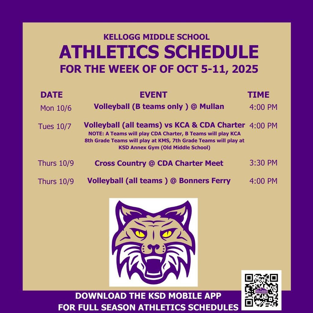KMS Volleyball has a busy week with the B teams traveling to Mullan on Monday. Tuesday the A teams take on CDA Charter and the B teams battle Kootenai Classical. On Thursday Volleyball travels to Bonners Ferry while Cross Country goes to the CDA Fairgrounds for the CDA Charter Invite. GO WILDCATS!