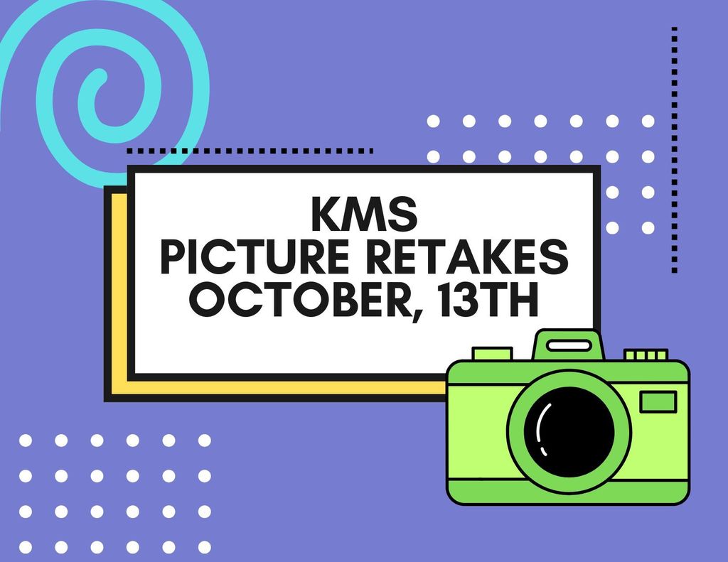 purple back ground flyer that says KMS picture retake day is October 13th