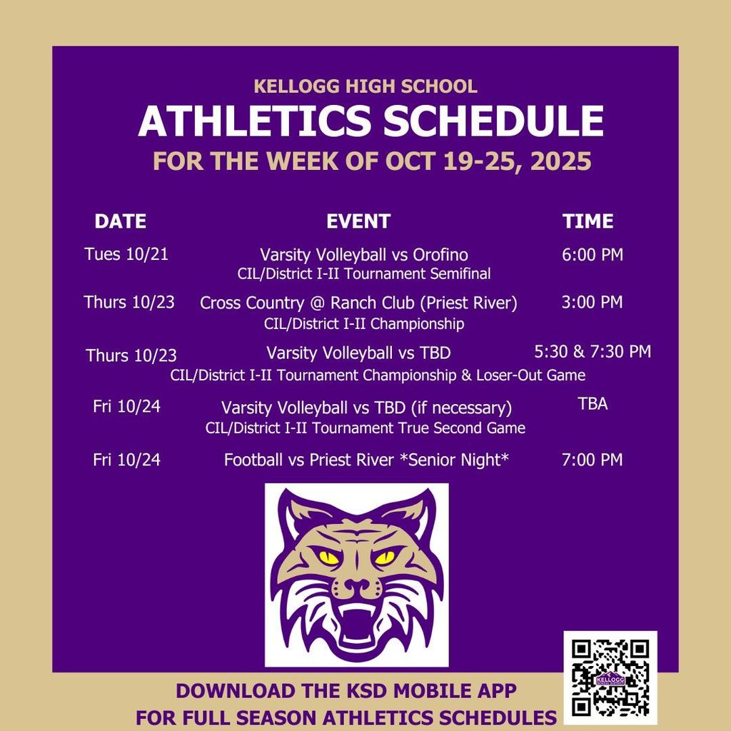 POST SEASON IS HERE AT KHS!! Cross Country travels to Priest River to take part in the CIL/District I-II Championships. The boys team is the defending champion and looks to keep the crown for another year. The girls are coming off their best performance of the year with four PRs at the Castro Invitational. Volleyball hosts either Orofino on Tuesday to open the CIL Tournament at Andrews Gymnasium. The ladies head into the tournament on a roll, going 8-0 in the CIL and 22-1-2 overall. On Thursday, the Championship and Loser Out games will be played at Andrews Gymnasium and Friday, the highest remaining seed will host the true 2nd game. Football says goodbye to 9 seniors on Friday when they face Priest River. What a great week to be a Wildcat! GO WILDCATS!!