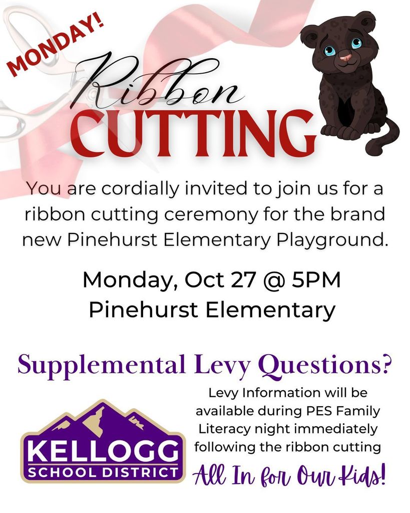 🎀 New playground celebration! Join us Monday, Oct. 27 at 5 PM at Pinehurst Elementary for the ribbon cutting and stay for Family Literacy Night. Levy info will also be available. 💜 #AllInForOurKids