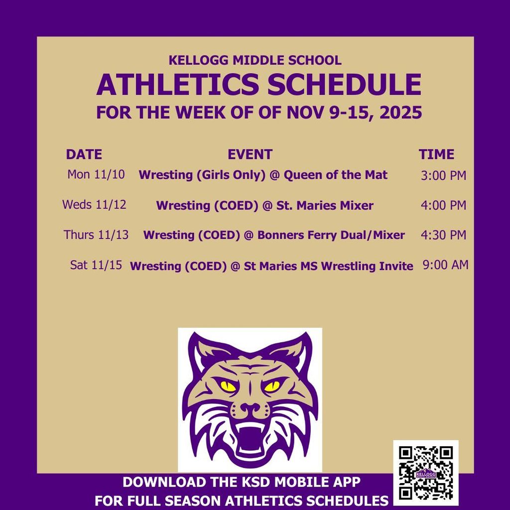 Wrestling is full speed ahead now.  Week starts with a tournament for the girls and ends in a tournament for the boys.  In between, battles ensue at St. Maries and Bonners.  GO WILDCATS!!