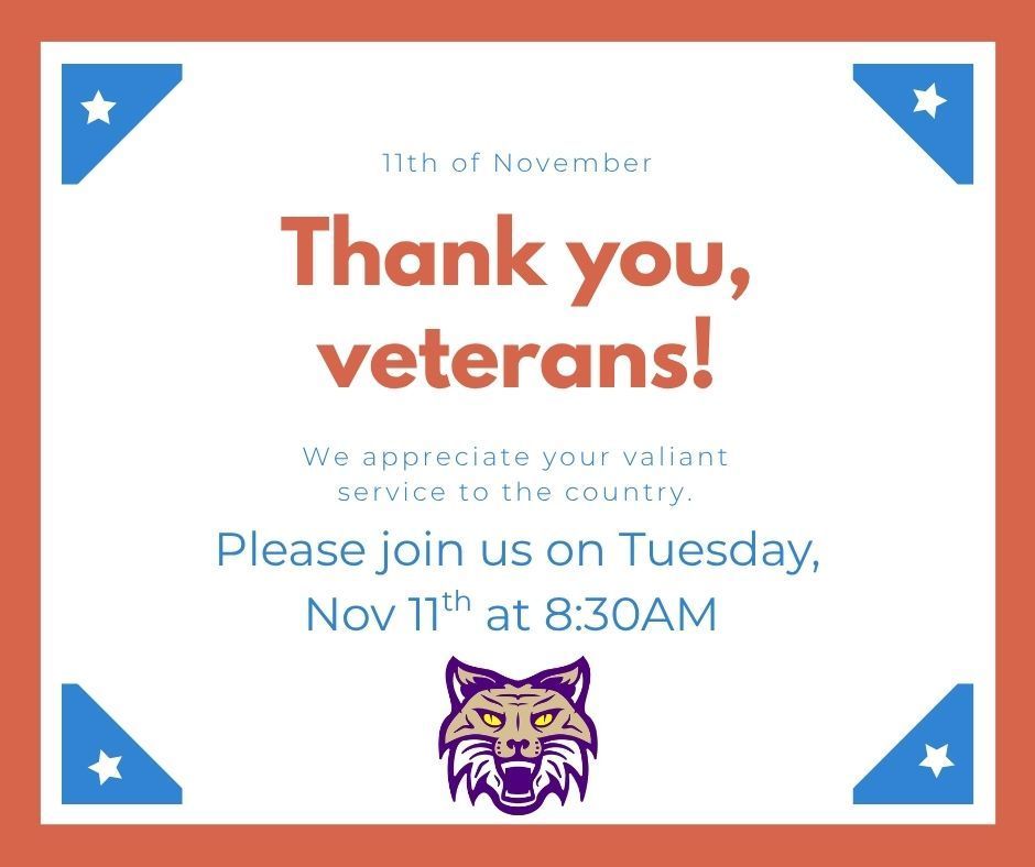 Thank you, veterans! We appreciate your valiant service to the country. Please join us on Tuesday, Nov 11th at 8:30AM