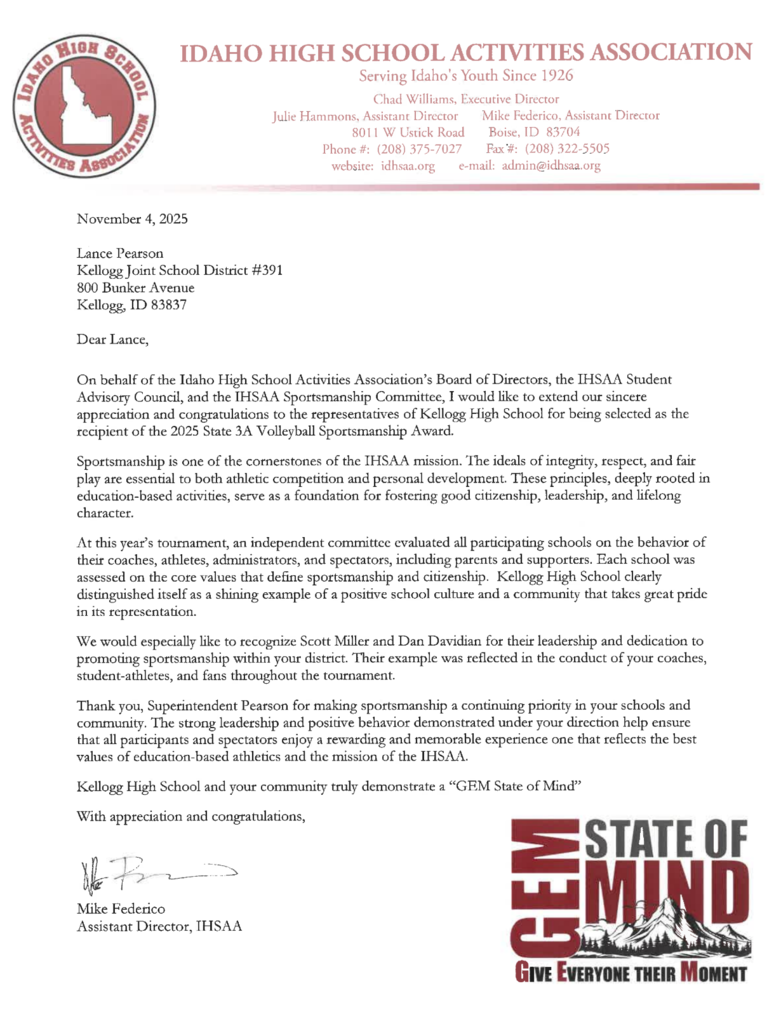A special shoutout to Scott Miller and Dan Davidian for their leadership in promoting sportsmanship, and to our student-athletes, coaches, and fans for representing KHS and our community with pride throughout the season.