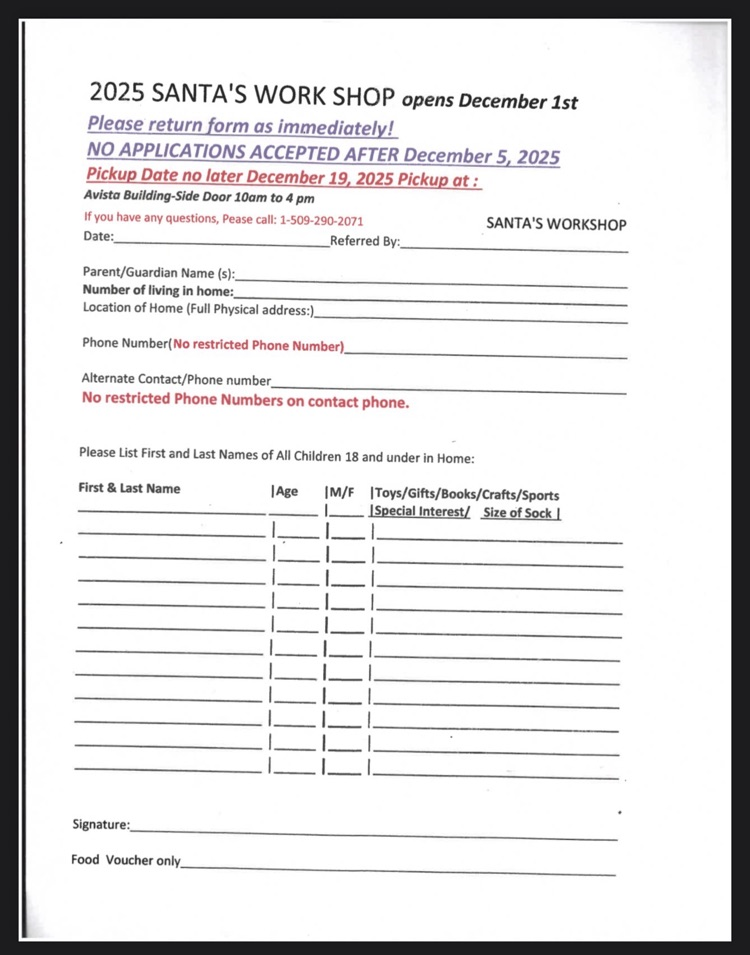 Santa’s workshop forms due Friday, December 5th  