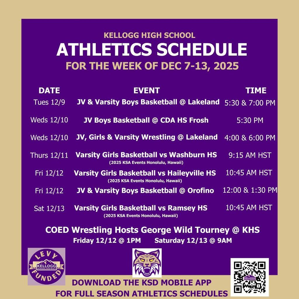 Lots of road games this week with a big finale at Andrews Gymnasium on Friday & Saturday! Boys basketball kicks off the week with games at Lakeland on Tuesday. The wrestlers follow on Wednesday with the Lakeland Quad and the annual matches with Coeur d'Alene and Lake City. Girls basketball travels to Hawaii for three games at the Oahu Classic Thursday through Saturday, while the boys basketball travels to Orofino for a big CIL game on Friday. Friday and Saturday is the annual George Wild Tournament at Andrews Gymnasium. Aberdeen and Soda Springs come from the South, Eureka returns from Montana and 22 teams will battle for supremacy on the boys side, 18 from the girls. GO WILDCATS!!