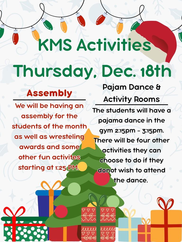 Flyer with pictures of christmas presents and a christmas tree.