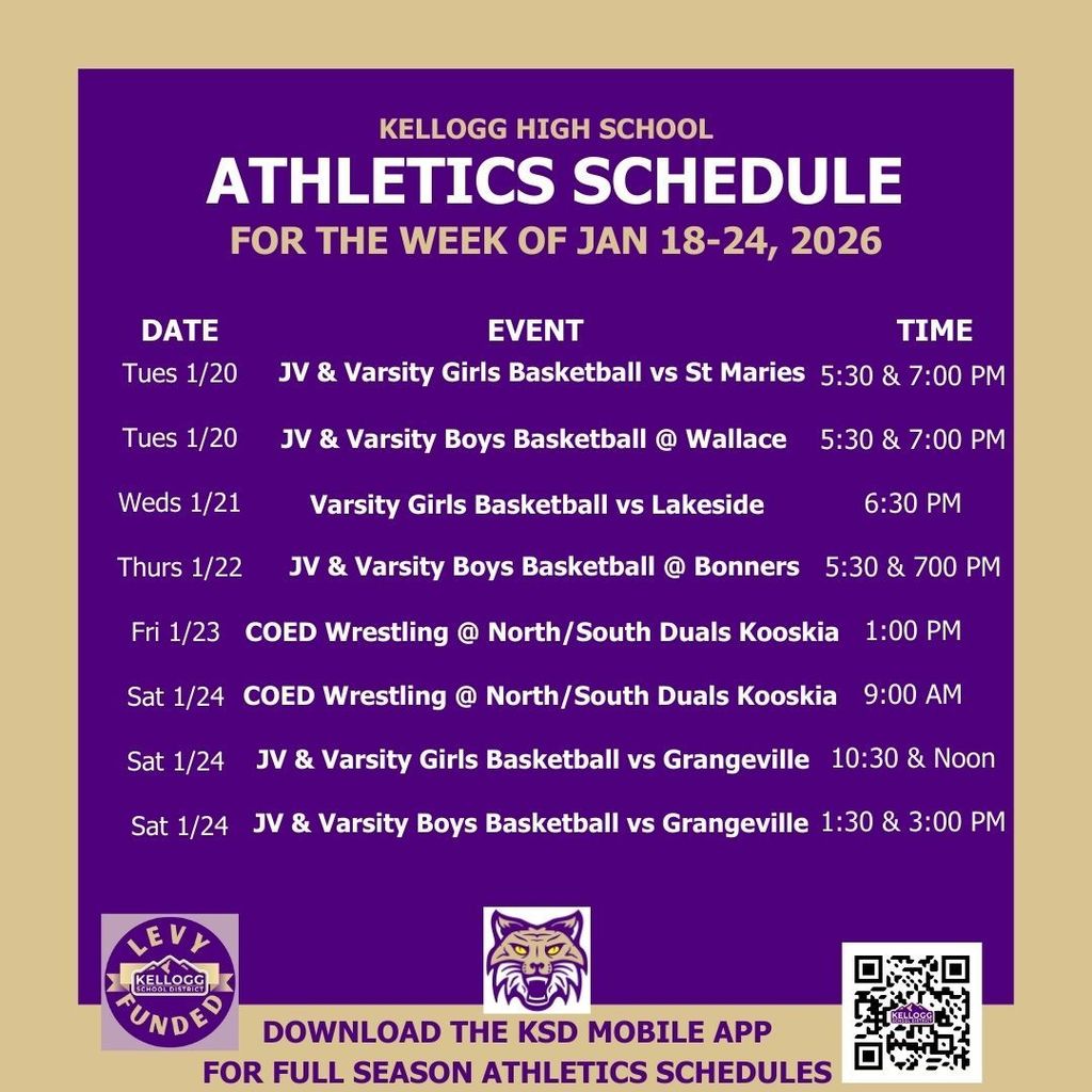 Tuesday kicks things off at KHS as the girls host St. Maries in a CIL tilt while the boys travel to Wallace in a Silver Valley battle.  Varsity girls return home on Wednesday as they host Lakeside  (no JV game) and boys travel to Bonners Ferry on Thursday for a Cat-Badger battle.  Wrestling jumps into action on Friday as they head to Kooskia for the North South Duals in a battle with the best of the North battling the best of the South in dual matches.  Saturday ends a busy week with a quad here at Kellogg as both basketball teams face off against Grangeville in CIL games.