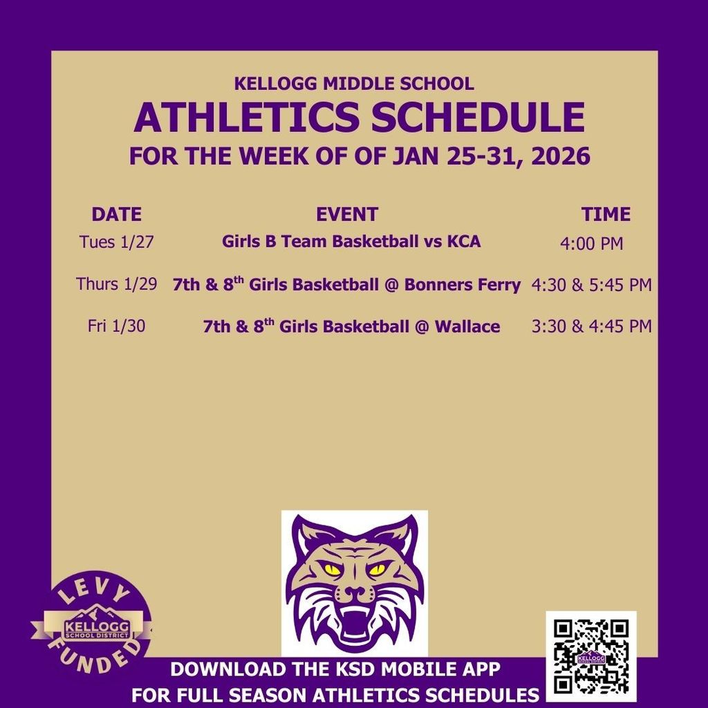 The KMS girls B team hits the court on Tuesday for a game against Kootenai Classical Academy.  The 7th Grade and 8th grade teams travel to Bonners Ferry on Thursday and then on Friday, travel to Wallace to take on the Miners, the first time in recent memory that these teams have squared off against each other. GO WILDCATS!