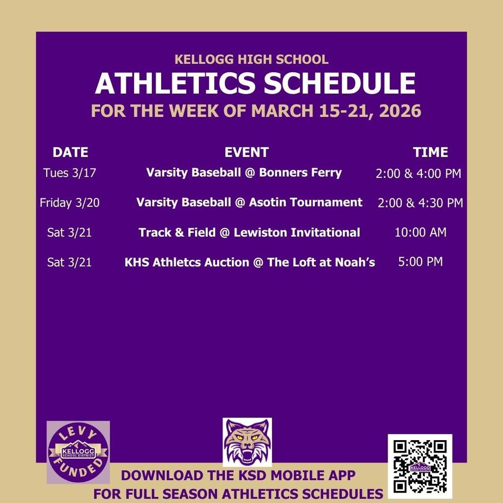 KHS baseball travels to Bonners Ferry for a doubleheader on Tuesday and then ends the week at the Asotin Tournament.   Tuesday's softball doubleheader in Bonners Ferry has been cancelled. due to poor field conditions. Track travels to Lewiston for the big invitational.  The KHS Auction is Saturday.  Doors open at 5:00 pm, with bidding starting at 6:00 pm. It's a big week!  GO WILDCATS!!