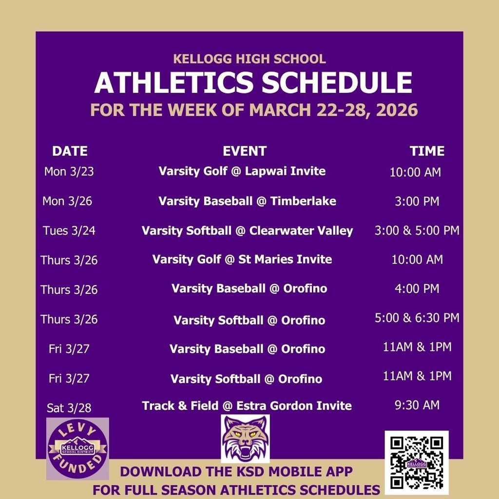 Lots of action heading into Spring Break.  At KHS Golf tees off their season on Monday at the Lapwai Invitational, and the travels to Lewiston later in the week for the St. Maries Invitational held at Brydon Canyon.  Baseball got their first two games in despite the snow, rain and typical North Idaho spring weather.  They hit the field again on Monday at Timberlake for a make up game.  On Tuesday Softball starts their season with a twinbill at Clearwater Valley.  CIL Play begins for both baseball and softball in Orofino for a single on Friday and a double on Saturday.  Track & Field travels to Washington to take part in the Ezra Gordon Invitational in Colville.