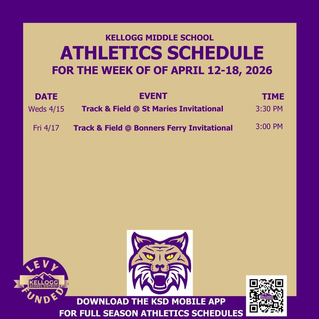 The KMS Track and Field team travels to St. Maries on Wednesday for the St. Maries Invitational. Both throwing and running events will begin at 3:30 pm. On Friday, it's off to Bonners Ferry for the Boundary County Invitational. Events start at 3:00 pm. GO WILDCATS!