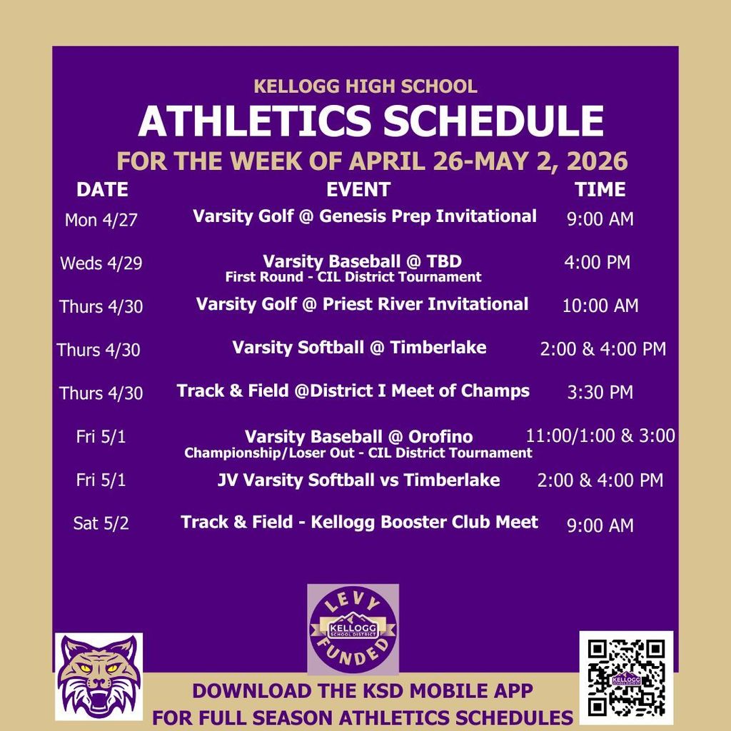 Post season starts for baseball, softball completes the regular season and golf prepares for Districts.   Track is off to the District I Meet of Champions and hosts the Kellogg Booster Club Last Chance Invite.   GO WILDCATS!