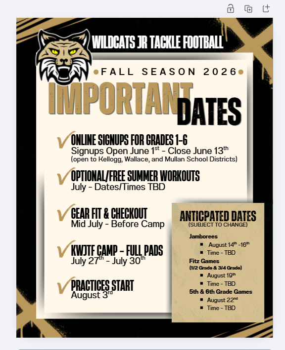 Kellogg Wildcats Junior Tackle Football - Important Dates