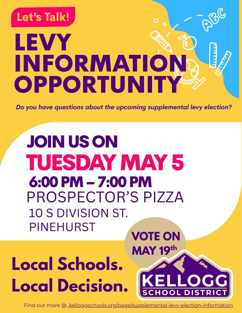 Community Levy Discussion Tonight! 6PM @ Prospector's Pizza in Pinehurst For information about the supplemental levy, visit www.kelloggschools.org