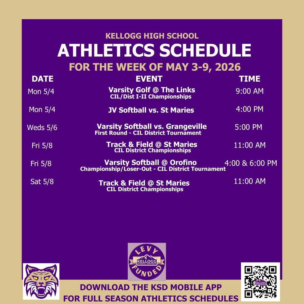 It's championship week! Golf starts the week off at the CIL District I-II championships at The Links on Monday. JV softball hosts St. Maries on Monday, while varsity softball kicks off districts with a home game on Wednesday against Grangeville. The championship/loser out games of softball districts will be held in Orofino on Friday. Track and field district competitions are Friday and Saturday in St Maries. GO WILDCATS!!
