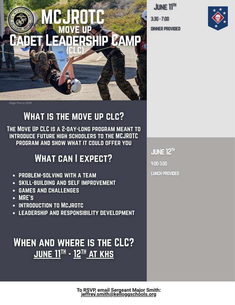 Next week the JROTC cadets will host a mini camp for 8th graders moving up to the high school. This is for any soon to be freshman in the Silver Valley (Kellogg, Wallace, Mullan, Christian Academy, homeschool/online etc). Purpose of the camp is to teach the kids some leadership and team building skills. This does not obligate them to join JROTC next school year, but it will give them an idea of what the class is like.