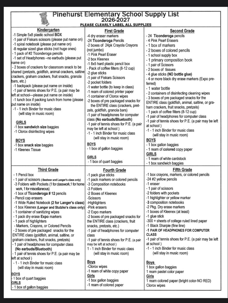 2026-2027 School Supply List 