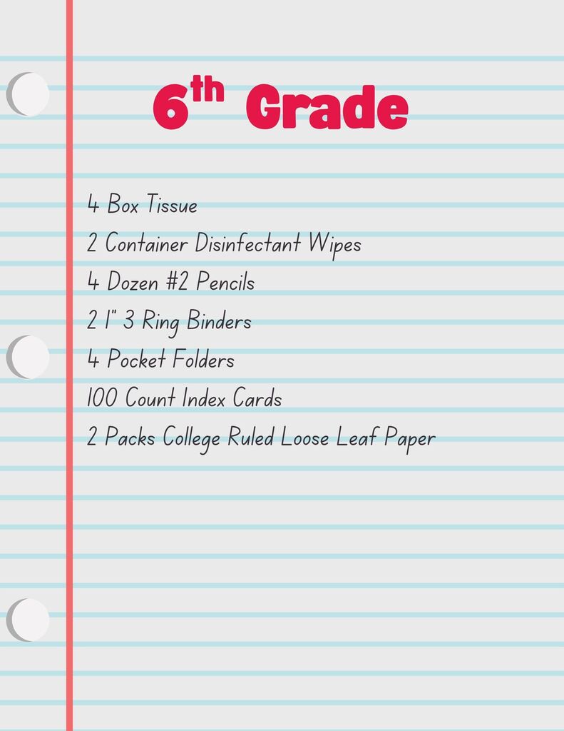 Background looks like a piece of lined paper. School supply list