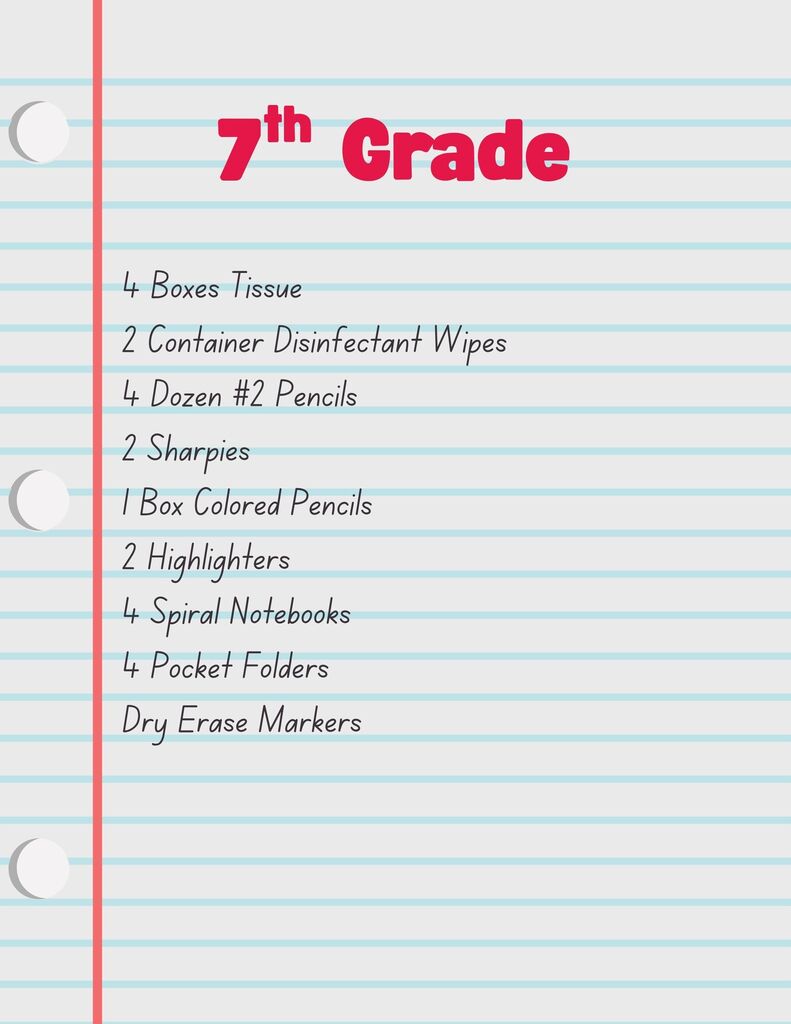 Background looks like a piece of lined paper. School supply list