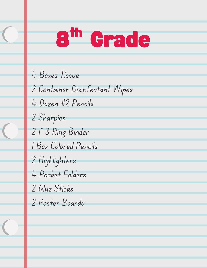 Background looks like a piece of lined paper. School supply list