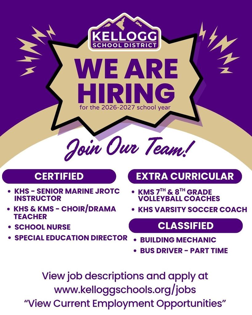 Kellogg School District is hiring! Apply at https://www.kelloggschools.org/o/kjd/page/human-resources