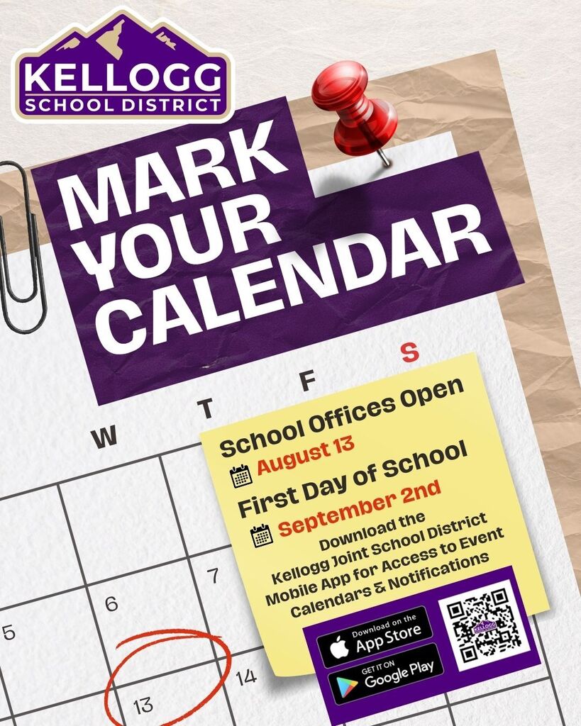 Clear & Informative (Best for general announcements) 🗓️ Mark your calendars, Kellogg families! The new school year is right around the corner. Here are two key dates to keep in mind as we prepare for a great year ahead: 🏢 School Offices Open: August 13 🎒 First Day of School: September 2nd 📲 Stay up to date on all district events and announcements by downloading the Kellogg Joint School District Mobile App (available on the App Store and Google Play).
