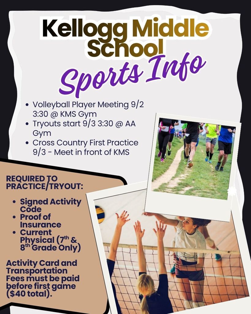 flyer with same info as caption. picture of kids playing volleyball and running cross country.