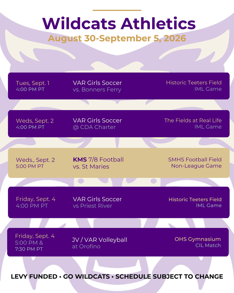 It's back to school week and sports are in full swing!! The KHS girls soccer team has home IML games both Tuesday and Thursday with a game sandwiched in at CDA Charter. KHS Volleyball travels to Orofino for a CIL match with Orofino which is always a good road trip. KMS Football kicks off their season at St. Maries on Sept. 2 with a non-league tilt with the Lumberjacks. Great action to get you ready for Labor Day Weekend. GO WILDCATS!!
