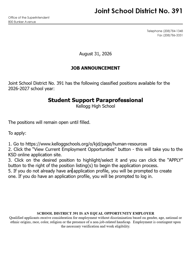 khs student support para job opening