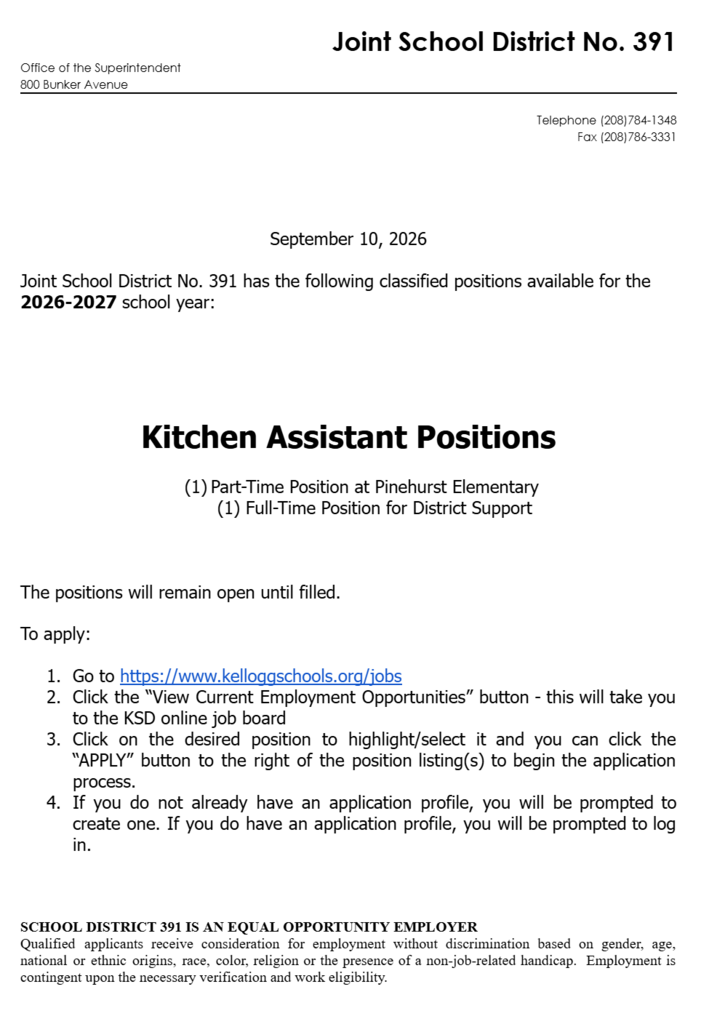 The Kellogg School District is accepting applications for an evening custodian position at Pinehurst Elementary. To review the job description or apply, visit https://www.kelloggschools.org/o/kjd/page/human-resources