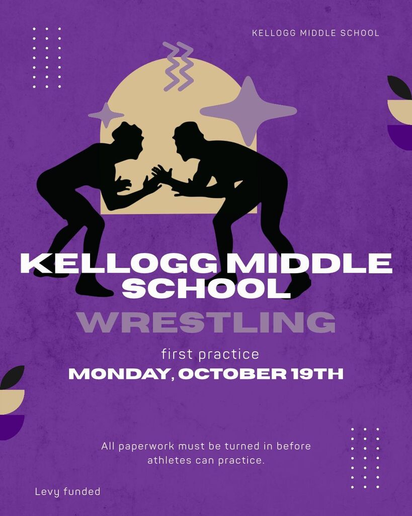 purple flyer with wrestling announcement. first practice Monday October 19th