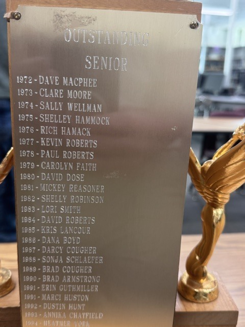 a close up of a trophy's inscription 1972: Dave MacPhee   1973: Clare Moore   1974: Sally Wellman   1975: Shelley Hammock   1976: Rich Hamack   1977: Kevin Roberts   1978: Paul Roberts   1979: Carolyn Faith   1980: David Dose   1981: Mickey Reasoner   1982: Shelly Robinson   1983: Lori Smith   1984: David Roberts   1985: Kris Lancour   1986: Dana Boyd   1987: Darcy Cougher   1988: Sonja Schlaefer   1989: Brad Cougher   1990: Brad Armstrong   1991: Erin Guthmiller   1991: Marci Huston   1992: Dustin Hunt   1993: Annika Chatfield   1994: Heather York  