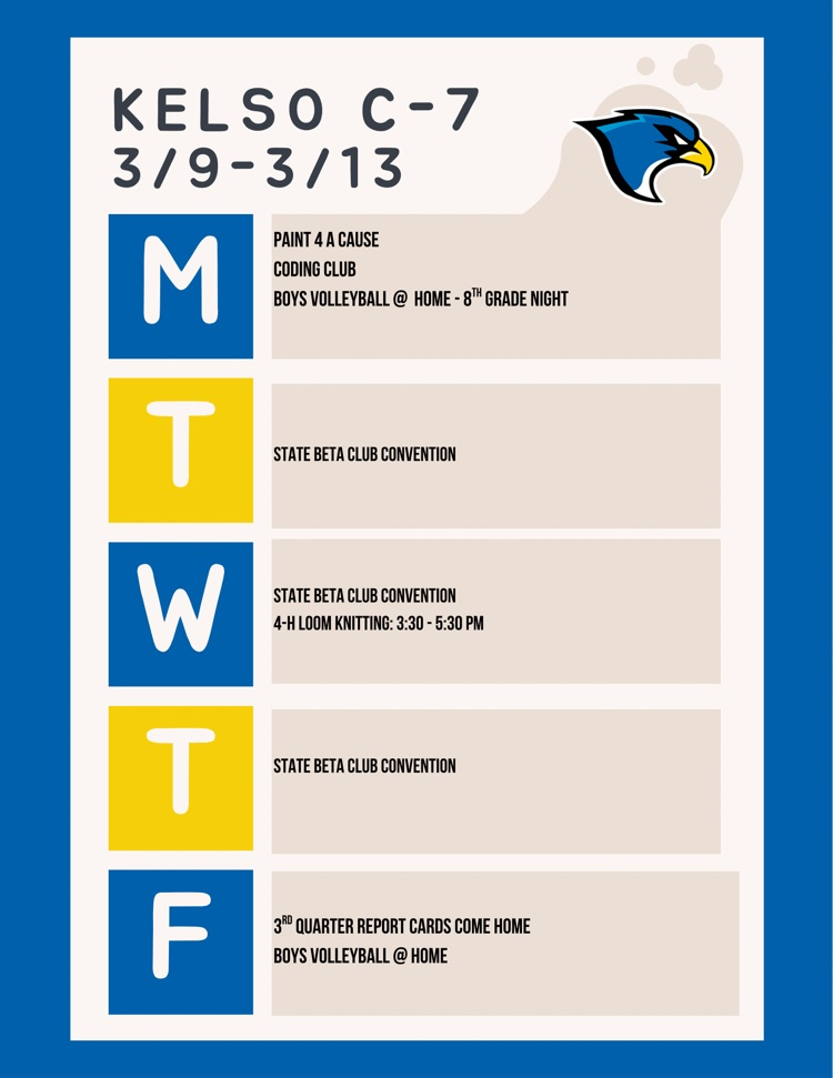 Week of 3/9 calendar