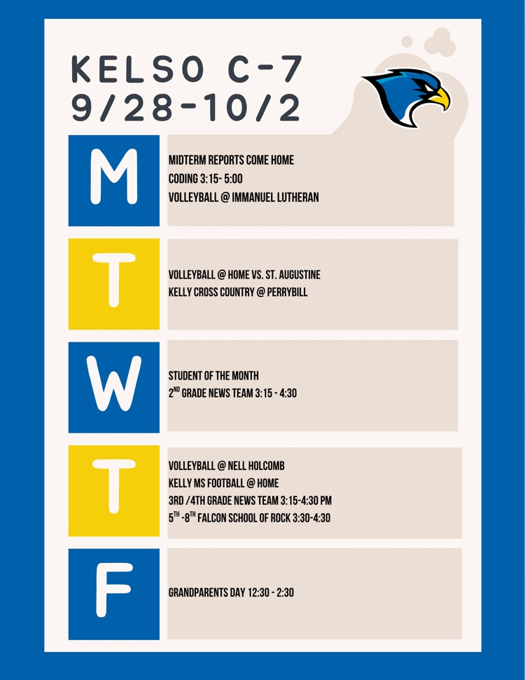 Week of 9/28 Schedule