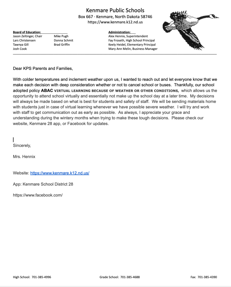 Inclement Weather Kenmare School District 28 Inclement Weather Kenmare School District 28