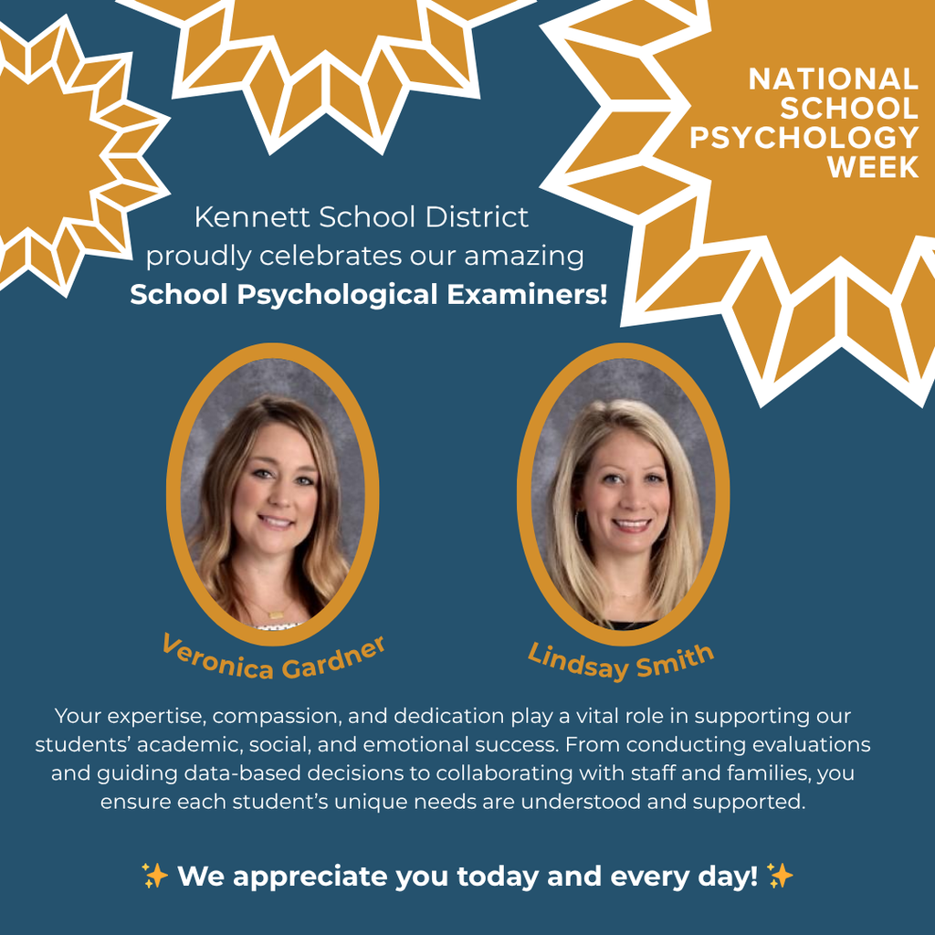  This week, Kennett School District proudly celebrates our outstanding School Psychological Examiners!  Your expertise, compassion, and dedication play a vital role in supporting our students’ academic, social, and emotional success. From conducting evaluations and guiding data-based decisions to collaborating with staff and families, you ensure each student’s unique needs are understood and supported.  ✨ Thank you for your commitment to helping our students learn, grow, and thrive — not just this week, but every week! ✨  #NationalSchoolPsychWeek #ThankYou #KennettPride #StudentSupport #TeamKSD