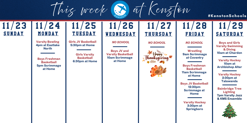 Kenston's At-A-Glance Calendar for the week of November 23rd, 2025.