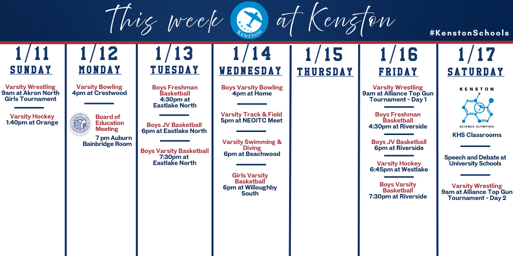Kenston's At-A-Glance schedule of events for the week of January 11, 2026. #KenstonSchools