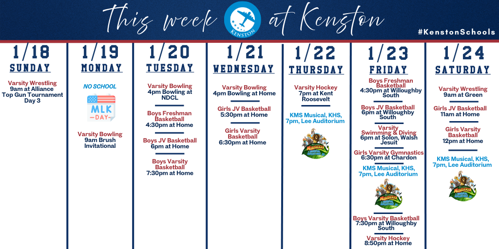 Kenston's At-A-Glance schedule of events for the week of January 18, 2026.