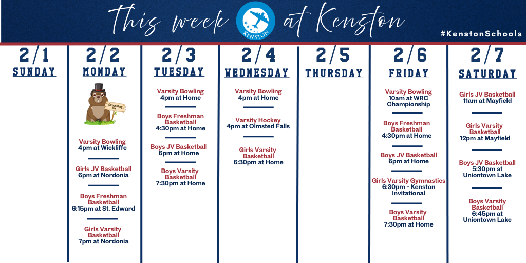 Kenston's At-A-Glance schedule of events for the week of February 1, 2026. #KenstonSchools #KenstonPositivelyInspiring
