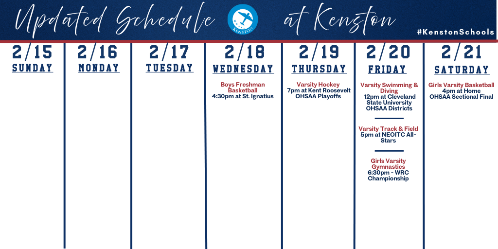 Updated Schedule for the balance of the week of 2/15/26.