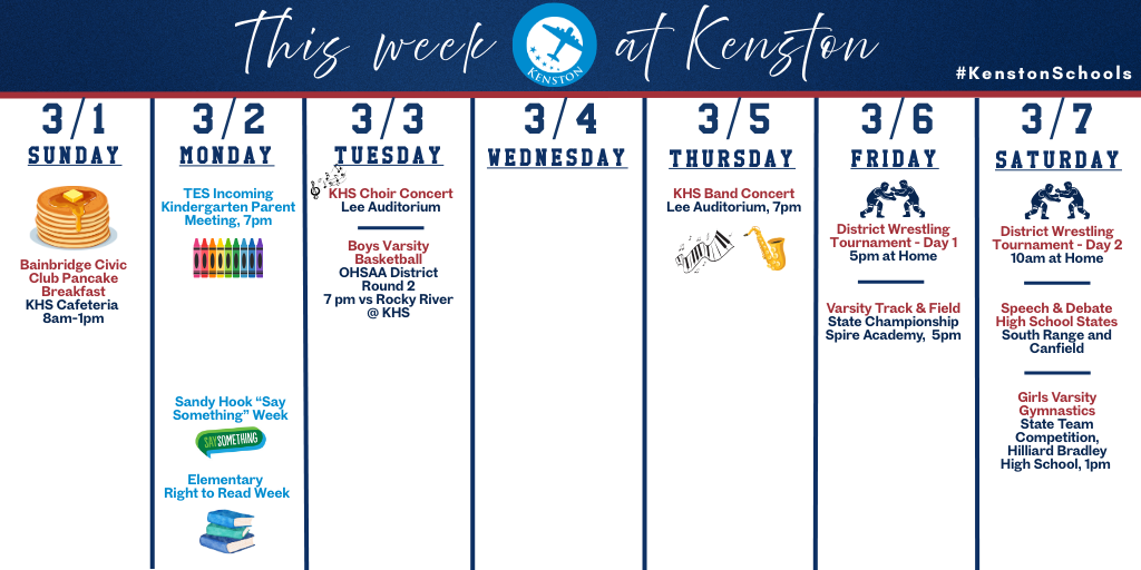 📆 Kenston's At-A-Glance schedule of events for the week of March 1, 2026. #KenstonSchools #KenstonPositivelyInspiring