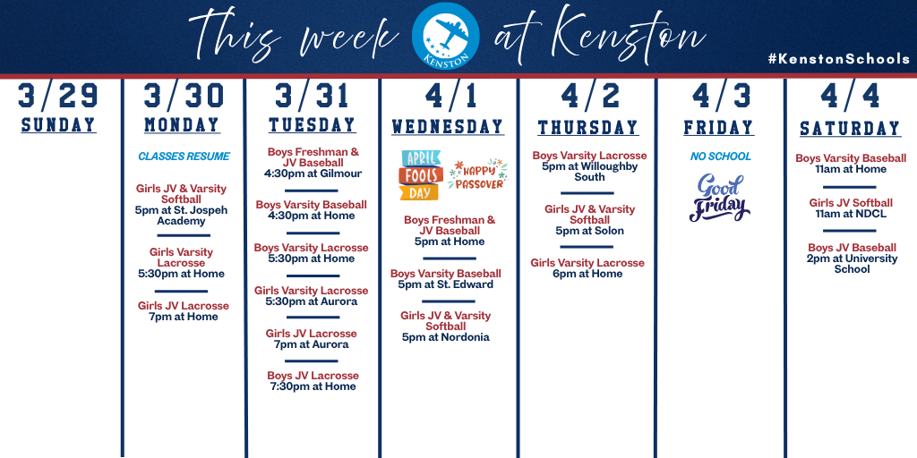 📆 Kenston's At-A-Glance schedule of events for the week of March 29, 2026.