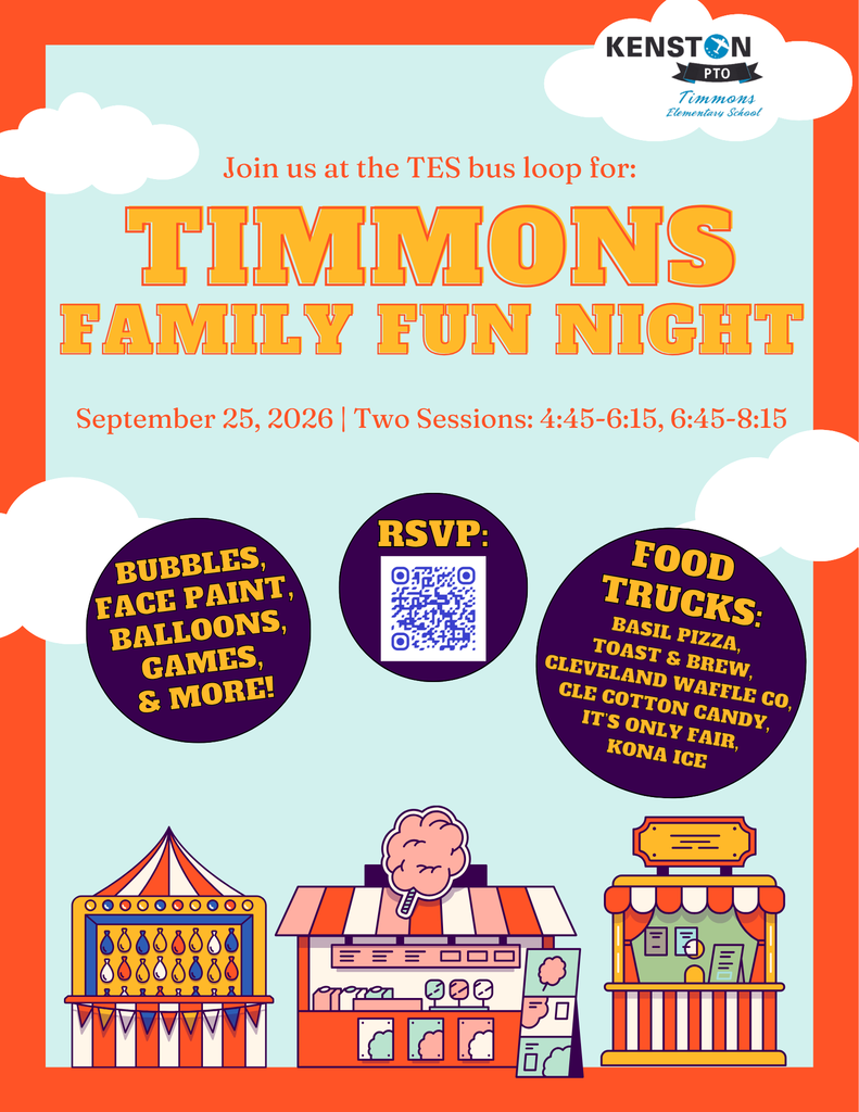 Timmons Family Fun Night September 25, 2026 4:45 and 6:45 for food, bubbles, face painting, games and more on an orange flyer with carnival themed photos