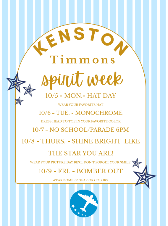 TES Spirit week flyer with Monday Hat Day, Tuesday Monochrome Day, Wednesday No School, Thursday Picture Day and Friday Bomber Gear Day