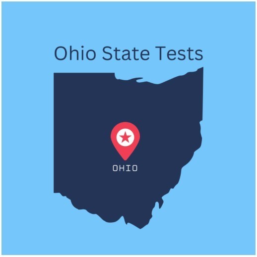 Dark Blue sillouette of the state of Ohio on  a light blue background.  A red pinpoint at Columbus with the words Ohio State Tests up top