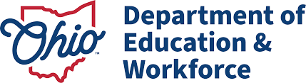 Ohio Dept of education and workforce logo with Ohio as a state lined in red and spelled out in blue