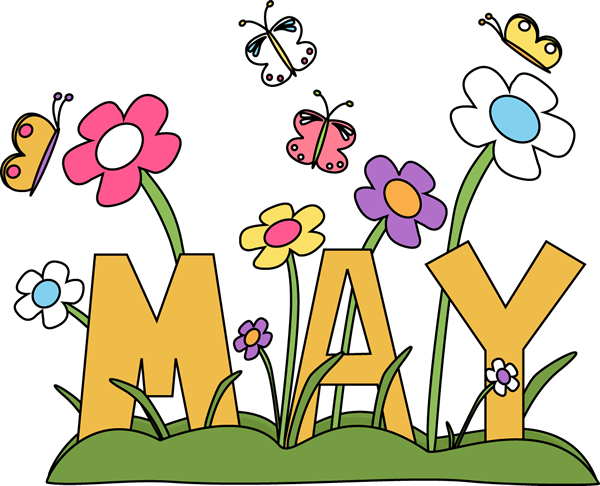 The word "May" written in gold with colorful flowers around it